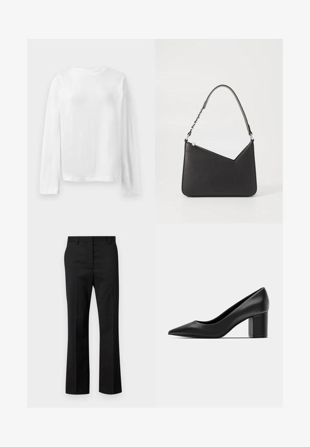 Maglietta bianca a maniche lunghe, realizzata in morbido cotone, presenta un colletto girocollo, una vestibilità comoda e spalle leggermente scese. Nessun motivo o accento visibile.; Pantaloni neri su misura con design a gamba dritta. Realizzati in un tessuto liscio, presentano una vita piatta e una cintura standard con passanti per cintura.; Decolleté in pelle nera con punteggiatura e tacco quadrato spesso. Texture liscia, design semplice, adatto per ambienti formali.; Borsa a mano in pelle nera con forma triangolare, una tracolla sottile e accessori in argento. Presenta una chiusura con zip e un logo impresso sul davanti.