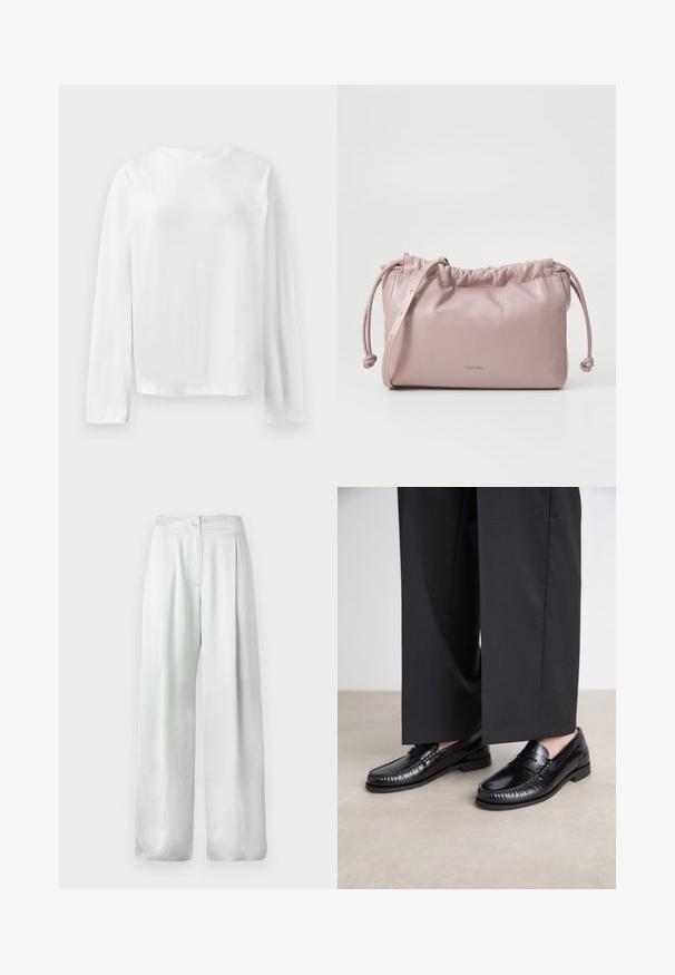 Witte longsleeve T-shirt, gemaakt van zachte katoen, met een ronde halslijn, relaxte pasvorm en iets verlaagde schouders. Geen zichtbare patronen of accenten.; Lichtgrijze, wijde broek met een gladde textuur, hoge taille, enkele knopen sluiting en geen zichtbare patronen of accenten.; Zwarte leren instappers met een gladde afwerking, gestikte details rond de teen en een lage rubberen zool. Gepaard met brede zwarte broeken.; Blush roze, glad leren tas met een verzamelde bovenkant, trekkoordsluiting en een dunne schouderband. Heeft een subtiele Calvin Klein-logo aan de voorkant.