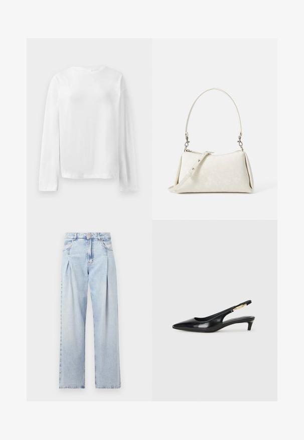 Baltas ilgomis rankovėmis marškinėliai, pagaminti iš minkštos medvilnės, turi apvalią iškirptę, laisvą siluetą ir šiek tiek nuleistas petnešas. Nėra matomų raštų ar akcentų.; Šviesiai mėlyni džinsai su aukštu liemeniu, plačiomis kojomis, dviem šoninėmis kišenėmis ir raukinių dizainu. Minkšta tekstūra su nudilusia apdaila.; Juodas odinis pavasario batelių modelis su smailiu nosiu, turintis siaurą kulniuką ir auksinės spalvos akcentu reguliuojamoje juostoje. Lygi tekstūra.; Balta rankinė su lygiu paviršiumi, kreiva siluetu ir reguliuojama petine juosta. Pasižymi subtiliu logotipų raštu ir sidabrinėmis detalėmis.