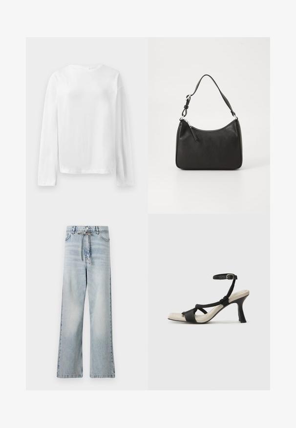 T-shirt branco de mangas longas, feito de algodão suave, apresenta um decote redondo, corte descontraído e ombros ligeiramente caídos. Sem padrões ou detalhes visíveis.; Jeans de perna larga azul claro feitos de denim, com cintura alta, bolsos frontais e um detalhe de cordão na cintura. Textura desfiada.; Sandal com salto alto preto e design de tiras trançadas, bico quadrado e tira de tornozelo ajustável. Sola em tom bege claro com um salto preto brilhante.; Mala de mão em couro preto com formato curvo, uma alça, fecho em zip e uma marcação discreta na frente. Textura suave, design minimalista.