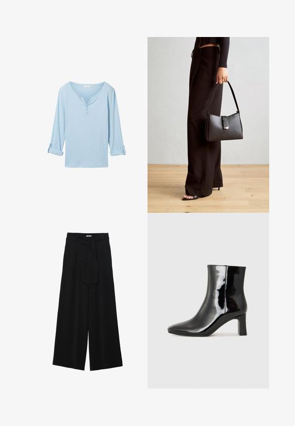 Világoskék, hosszú ujjú, laza fitneszű felső, V-nyakkivágással és három gombbal. Texturált anyagból készült, felgöngyölt mandzsettákkal.; Fekete, bő szárú nadrág, texturált anyagból, rugalmas derékpánttal és levehető sállal a derekán, amely állítható illeszkedést biztosít.; Fekete lakk bőrcipő bokáig érő, hegyes orral és közepes magasságú tömbsarokkal. Simább textúrával és minimalista dizájnnal rendelkezik.; Fekete kézi táska strukturált formával, sima textúrával és fémből készült záródással. Széles fekete nadrággal és nyitott orrú szandállal párosítva, fából készült padlón.