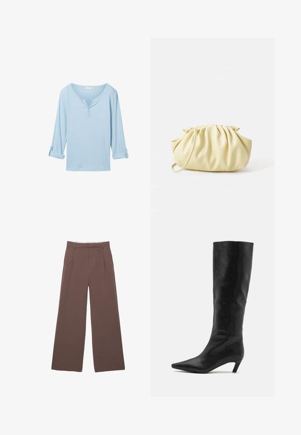 Világoskék, hosszú ujjú, laza fitneszű felső, V-nyakkivágással és három gombbal. Texturált anyagból készült, felgöngyölt mandzsettákkal.; Széles szárú nadrág egyszínű barna anyagból, sima textúrával, elöl pliszékkel és szabott derékpánttal. Nincsenek látható logók vagy minták.; RAID FLAURA - Csizmák - black; Sárga redőzött kézitáska sima műbőrből, puha formával, egy vállpánttal és ráncolt felső kialakítással.