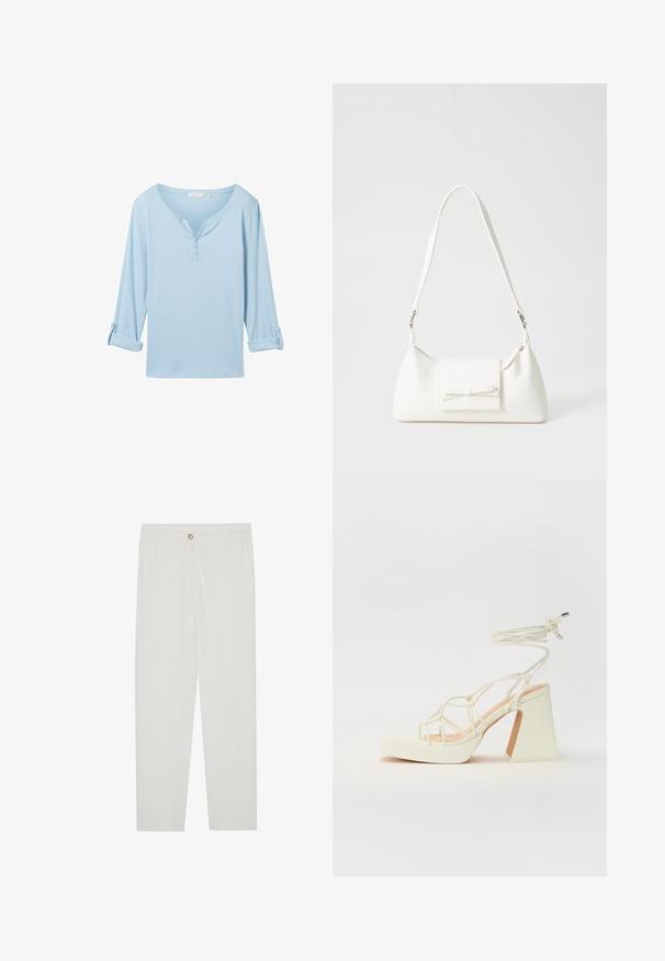 Ljusblå, långärmad topp med avslappnad passform, v-ringning och tre knappar. Tillverkad av textil med rullade ärmslut.; Vita, skräddarsydda byxor med rak benform, med knappstängning, bältesslingor och sidofickor; mjuk tygtextur.; Vit högklackad sandal med en kraftig klack, med ett remdesign och ankelband. Slät textur med en plattform framtill för ökad höjd.; Vit syntetisk handväska med triangulär form, platt framklaff och rosettdetalj, justerbar rem, slät textur och minimalistisk design.