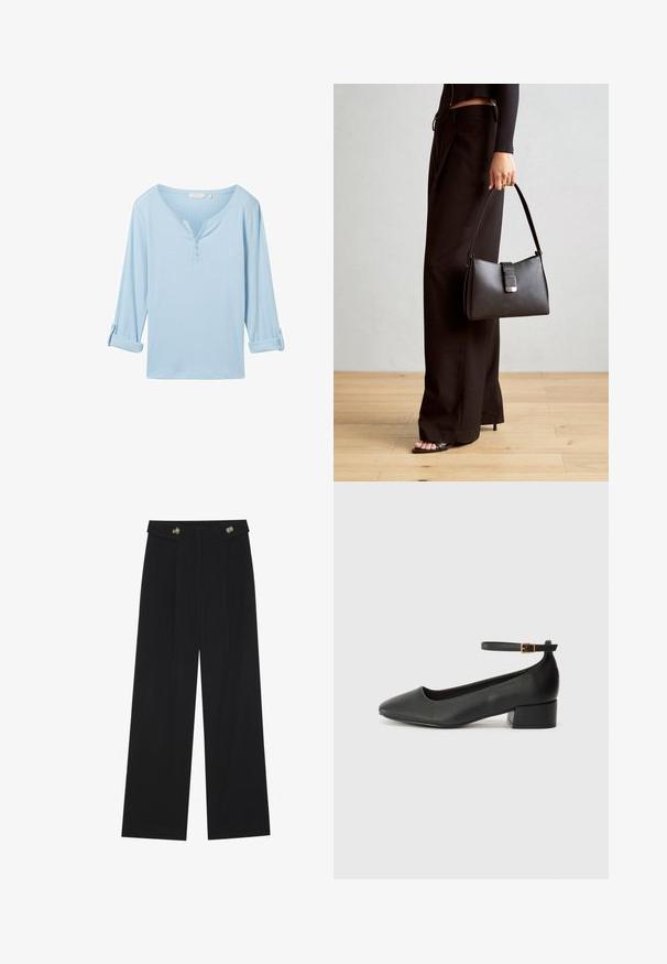 Šviesiai mėlynas ilgomis rankovėmis viršus su laisvu siluetu, V formos iškirpte ir trimis mygtukais. Pagamintas iš tekstūruotos medžiagos su sukinėtais rankogaliais.; Juodi plačios kojos kelnės su aukštu liemeniu, sagų detalėmis ant liemens ir priekinėmis raukšlėmis.; Juodas odinis aukštakulnis batelis su smailiu pirštu ir žemu bloku. Su kulkšnies dirželiu su auksinės spalvos sagtimi. Lygus paviršius.; Juodas rankinė struktūrizuota forma, lygi tekstūra ir metalinis užsegimas. Suporuota su plačiomis juodomis kelnėmis ir atvirais bateliais ant medinių grindų.