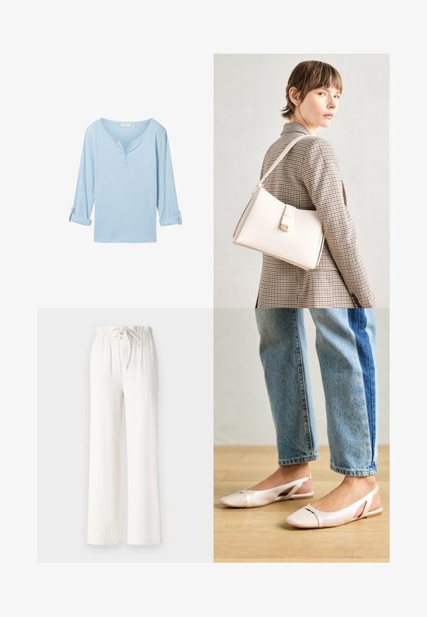 Ljusblå, långärmad topp med avslappnad passform, v-ringning och tre knappar. Tillverkad av textil med rullade ärmslut.; Vita vida byxor i mjukt tyg, med resår och snörning i midjan samt en slät yta. Inga mönster eller dekorationer synliga.; Ljust rosa slingback-lägenheter med spetsig tå, tillverkade av ett slätt läderliknande material. Har utskurna detaljer på sidorna och en platt häl.; Vit läderhandväska med en strukturerad design, med en magnetknäppning och en axelrem, visad mot en neutral bakgrund.