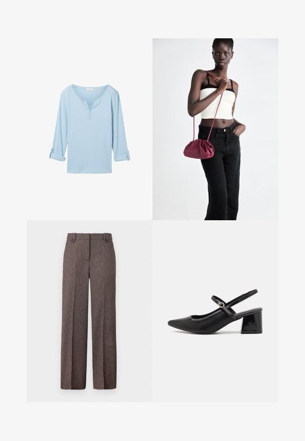 Cămașă lungă, de culoare albastru deschis, cu un croi lejer, de tip v-neck și trei butoane. Fabricată dintr-un material texturat, cu manșete răsucite.; Pantaloni largi maro, confecționați dintr-un material texturat. Au două buzunare frontale și o croială adaptată, cu două butoane la talie.; Cizme cu toc slingback din piele sintetică lacuită neagră, cu vârful ascuțit, un design cu decupaj rotunjit și toc bloc. Include un accent cu cataramă de culoare aurie.; Geantă dintr-un material moale de culoare burgundă, cu un design plisat și o curea lungă, purtată pe umăr. Modelul poartă un top alb scurt și blugi negri.