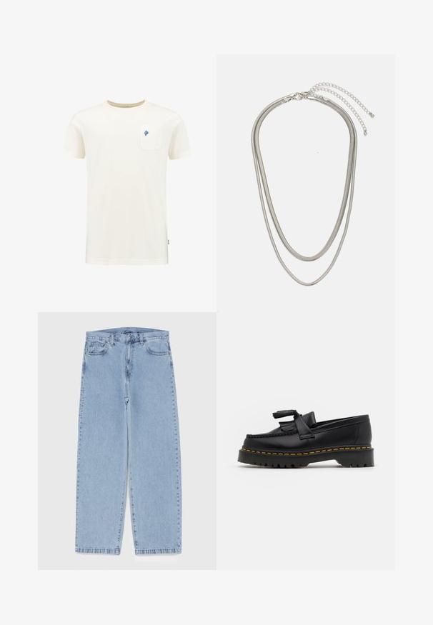 Kokvilnas T-krekls ar īsām piedurknēm krēmveidīgā krāsā, ar zilu izšuvumu kreisajā krūtīs. Apaļa kakla izgriezums, parasta piegriezuma.; Gai zila džinsu bikses ar taisnu kāju dizainu, kas piedāvā vidēju vidukļa augstumu, piecas kabatas un pogas un rāvējslēdzēja aizdari.; Melnas ādas mokasīni ar pērlītēm uzsvaru, ar masīvu melnu zoli un dzeltenu šuvumu gar malu. Ar teksturētu apdari.; Trīslīmeņu sudraba metāla kaklarota ar gludām, elastīgām ķēdēm, kas spīd, droši piestiprināta ar omā uzgali un regulējamu ķēdi.