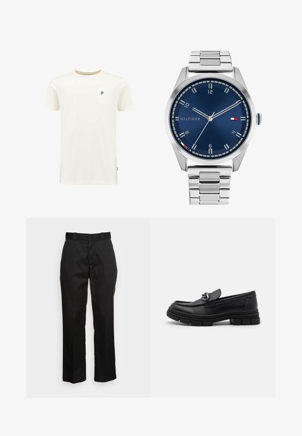 Puuvillane lühikeste varrukatega t-särk heledas valges värvitoonis, millel on sinine tikand vasakul rinnataskul. Ümar kaelus, regulaarselt istuv.; Mustad püksid, mis on valmistatud siledast kangast, sirge säärega disainiga, vöökummide ja kahe külje taskuga. Klassikaline välimus ilma kaunistusteta.; Must hästnahkade läiked, millel on ümar nina, dekoratiivne rihm ja hõbedased detailid ning paks tekstureeritud talla. Sile viimistlus koos peente detailidega.; Hõbedane metallkell harjatud sinise sfääri, valgete tunnimarkerite ja kuupäeva kuvamisega. Omab kinnitatud metallist rihma ja kaubamärgi logo.; Hõbedane kettkaelakee, millel on paksud lingid ja keskel keeruka detailidega ümmargune ripats. Sile, peegeldav metallpind.