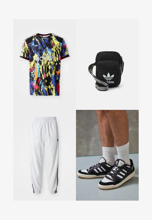 Camisa desportiva adidas de cores multicoloridas com um padrão abstrato vibrante, mangas curtas, decote redondo e o logótipo "adituff" na frente.; Calças de treino brancas com riscas laterais pretas, cintura elástica e punhos; apresenta o logotipo da Adidas na coxa esquerda. Textura de tecido suave.; Ténis em preto e branco com upper em camurça e couro, apresentando três riscas brancas, um toe perfurado e uma sola em borracha de goma.; Sacolinha transversal de tecido preto com fecho de zíper, apresentando um logo da Adidas em branco e uma alça ajustável listrada para facilitar o transporte.