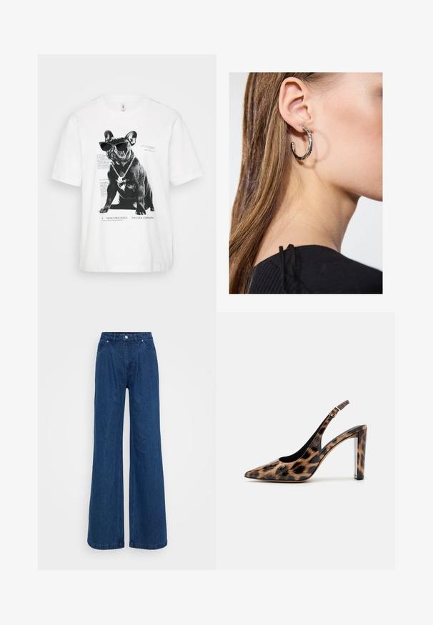 Valkoinen puuvillapaita, jossa on mustavalkoinen printti ranskalaista bulldoggia aurinkolasit päässä ja ketju kaulassa, tekstin alapuolella.; Laivansiniset leveälahkeiset farkut korkealla vyötäröllä, edessä napit ja vetoketju, sekä etu- ja takataskut tasaisella taustalla.; Sandaali leopard-kuvioisella varrella, jossa on terävä nenä ja läpinäkyvä lohko korko. Valmistettu kiiltävästä materiaalista, jolla on sileä pinta.; Hopea renkaankorvakoru kiiltävällä pinnalla, jossa on pieniä kultaisia yksityiskohtia ja pyöreä muoto, käytetty korvalla.