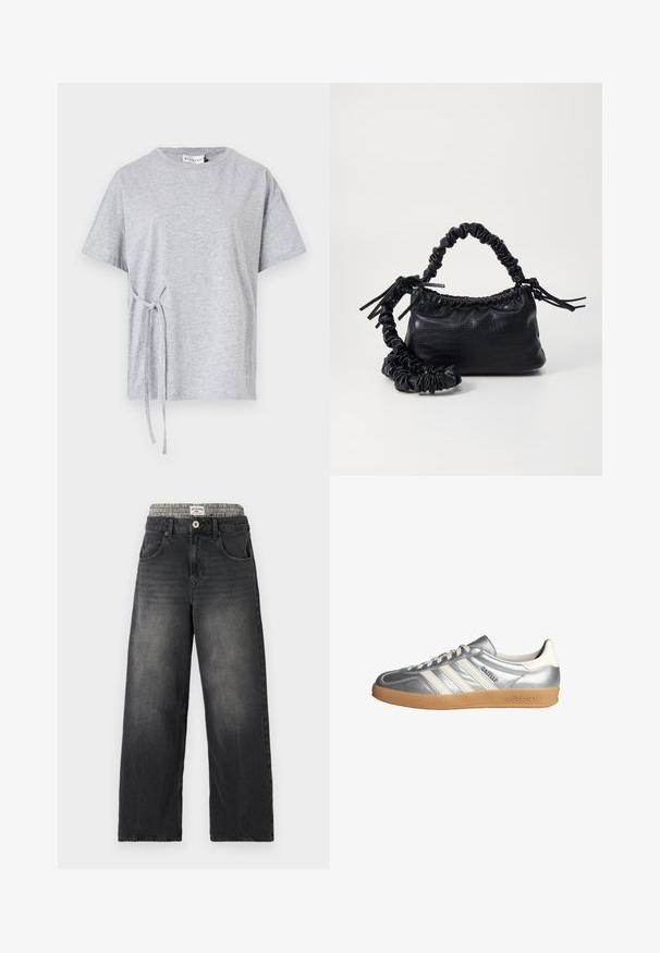 Grå bomulls-t-shirt med rund halsringning, korta ärmar och en sidoknytning. Texturerad, avslappnad passform med ett enkelt mönster.; Svarta denim byxor med vida ben och en houndstooth-mönstrad midjeband. Funktioner inkluderar framfickor och knäppning med knapp. Sliten textur.; Silver sneakers med vita accenter, med tre ränder, rund tå och gummisulor. Texturerat metalliskt material.; Svart faux läderhandväska med krokodiltextur, snodd topp och en skrämd rem. Ser mjuk och kompakt ut i designen.