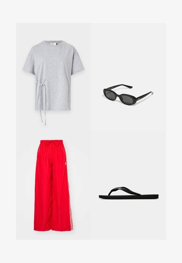 Tricou din bumbac gri cu guler rotund, mâneci scurte și detaliu cu nod pe lateral. Textură, croi casual cu un design simplu.; Pantaloni roșii cu picioare largi, realizați dintr-un material ușor, având dungi albe pe laterale și un elastic la talie cu șnur.; Sandala flip-flop din cauciuc negru, cu un bretele texturat și o talpă simplă și plată, prezentată din lateral pe un fundal simplu și deschis.; Ochelari de soare negri, cu lentile ovale, cadru din plastic lucios și brațe subțiri. Prezentă logo-ul Ray-Ban în alb pe lateral.; Geantă de mână neagră împletită, cu un design deschis din plasă și două mânere lungi. Include o geantă interioară solidă neagră pentru depozitare.