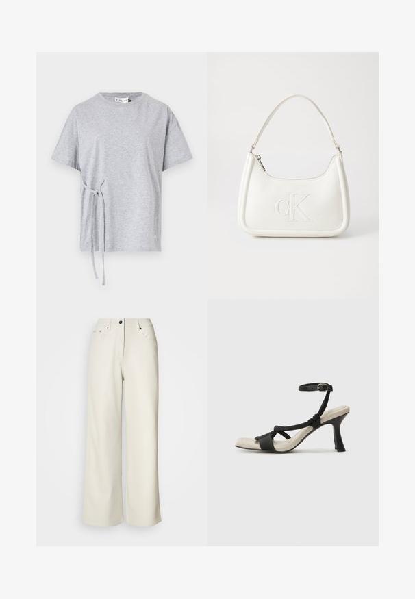Grey cotton t-shirt with a round neckline, short sleeves, and a side tie detail. Textured, casual fit with a plain design.; Cream wide-leg pants made of smooth fabric. Features a mid-rise waist, zipper fly, and two front pockets with black hardware accents.; Black heeled sandal with braided strap design, square toe, and adjustable ankle strap. Light beige footbed with a glossy black heel.; White leather handbag with a curved shape, featuring an embossed "CK" logo on the front and a single shoulder strap. Zipper closure at top.