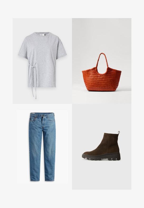 Graues Baumwoll-T-Shirt mit rundem Halsausschnitt, kurzen Ärmeln und seitlichem Knotendetail. Strukturierte, lässige Passform mit schlichter Gestaltung.; Blaue Jeans aus Denim mit geradem Schnitt, ausgestattet mit einem Reißverschluss, zwei vorderen Taschen und subtilen Verfärbungen im gesamten Stoff.; Braune Wildleder-Ankle-Boots mit einer stabilen schwarzen Gummisohle, leichtem Absatz und einer Schlaufe auf der Rückseite für einfaches Anziehen.; DRAGON DIFFUSION NANTUCKET BASKET BIG - Handtasche - naranja