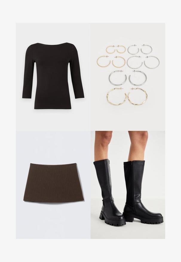 Black, long-sleeve top made of smooth, stretchy fabric. Features a wide neckline and fitted silhouette, with no patterns or embellishments.; Brown pinstriped skirt with a fitted design, smooth texture, and a flared hem, ideal for a tailored look.; Black knee-high boots made of smooth faux leather with a chunky sole, side zip closure, and a rounded toe design.; Set of twelve hoop earrings in silver and gold tones. Includes twisted, smooth, and textured designs with various sizes and finishes.
