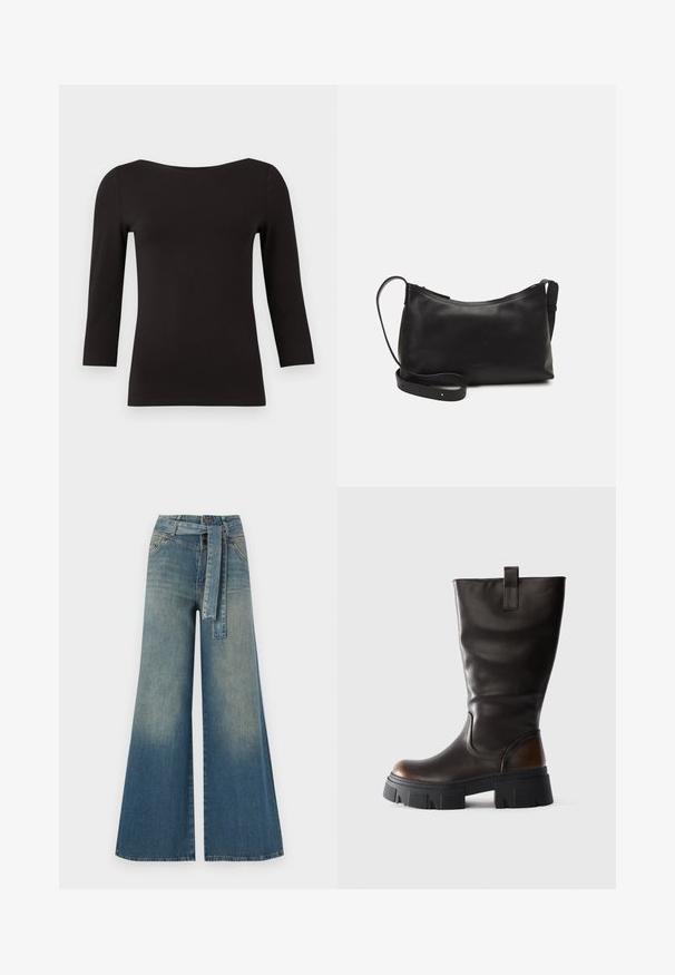 Svart, langermet topp laget av glatt, elastisk stoff. Har en vid utringning og tettsittende silhuett, uten mønstre eller utsmykninger.; Bredde ben jeans med en lyseblå til mørkeblå gradient, høyt liv, beltehemper og et matchende belte i samme stoff. Teksturert denimoverflate.; Høy svart skinnstøvlett med chunky svart plattformsåle og brunt akcent på hælen, sidevisning på lys grå bakgrunn.; Svart skinn skulderveske med glatt tekstur, buet form, justerbar stropp og glidelås. Minimalistisk design uten dekorasjoner.