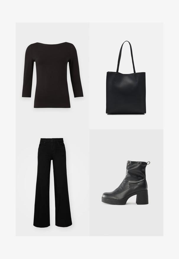 Črn dolg rokav majica iz gladkega, raztegljivega materiala. Ima širok izrez in oprijet silhueto, brez vzorcev ali okrasitev.; Črne široke denim hlače s strukturiranim pasom, z zankami za pas in sprednjimi žepi. Gladka tekstura s klasičnim dizajnom.; Črne gležnjarje iz gladke kože z božnim zadrgo, masivnim teksturiranim peto in zaobljeno obliko prstov.; Črna usnjena torba s svilnato teksturo, pravokotne oblike in dvema dolgima ročajema. Brez vidnih metalnih delov ali okrasnih elementov.