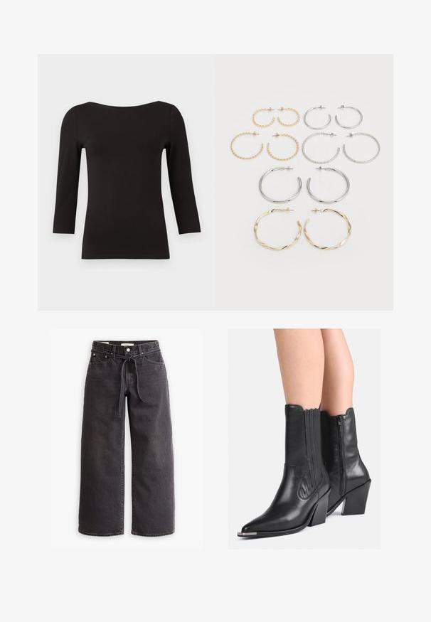 Svart, langermet topp laget av glatt, elastisk stoff. Har en vid utringning og tettsittende silhuett, uten mønstre eller utsmykninger.; Sorte vide benklær laget av denim, med strikk i livet, fem lommer og kontrasterende sømdetaljer. Flat front.; Svarte lær midikjøkkenstøvler med spisse tå, stablede hæler, glidelås på siden og dekorativ broderi bærer på bare bein.; Sett med tolv hoop øredobber i sølv- og gulltoner. Inkluderer vridde, glatte og teksturerte design med ulike størrelser og overflater.