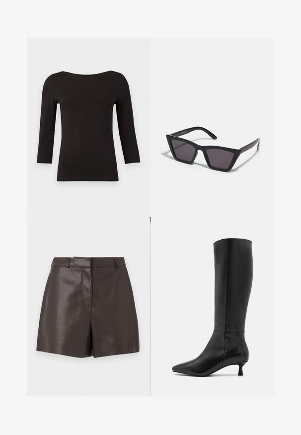 Svart, langermet topp laget av glatt, elastisk stoff. Har en vid utringning og tettsittende silhuett, uten mønstre eller utsmykninger.; Brune skinnshorts med en jevn tekstur, med en front søm, beltehemper og to sidelommer. Designet for en tettsittende silhuett.; Zign Støvler - black; Svarte, kantete solbriller med grå linser; laget av plast, med tykke stenger som har en glatt overflate og ingen synlige festemidler.; Brun lærveske med to robuste håndtak, rektangulær form, jevn tekstur og glidelås. Minimalistisk design uten synlige mønstre.