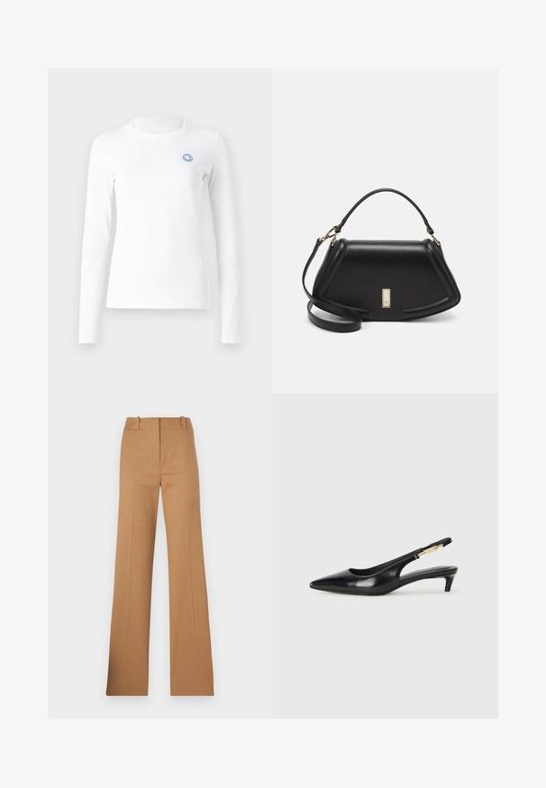 Langermet hvit skjorte laget av myk stoff med rund hals og et lite blått smilendes ansikt brodert på venstre bryst.; HUGO HULANA - Chinos - open brown; Sorte lærreim hæler med spiss tå, som har en slank hæl og en gullfarget detalj på den justerbare stroppen. Glatt tekstur.; Sort lærveske med en strukturert design, som har en avkortet form, topphåndtak og detaljer i gull. Justerbar skulderstropp inkludert.