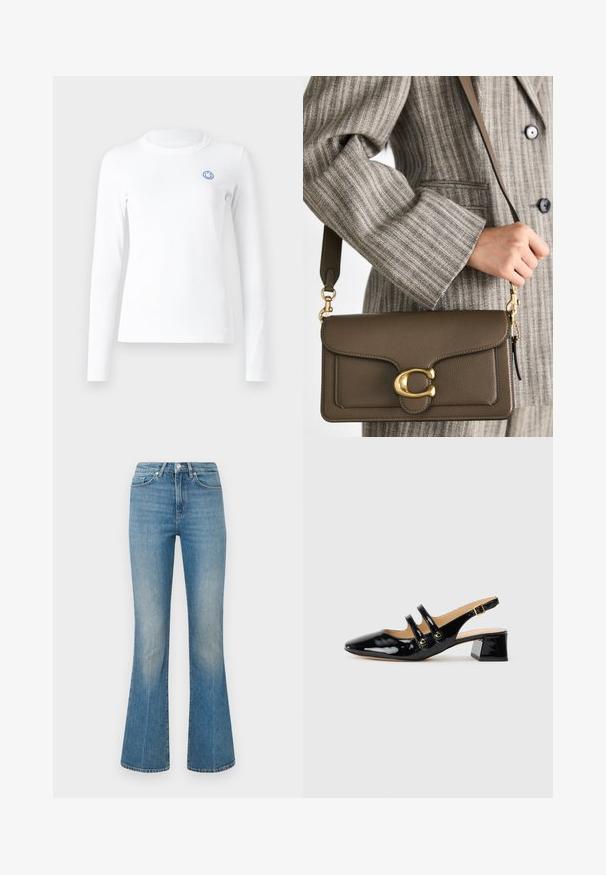 Bílá košile s dlouhým rukávem vyrobená z měkké látky, s kulatým výstřihem a malým modrým usmívajícím se obličejem na vyšitým na levé části hrudi.; Svetle modré zvonové džíny vyrobené z denimu. Mají pásek se zapínáním na knoflík a zesvětlený vzhled, zúžující se k širokému lemu u kotníků.; Černá lakovaná slingback obuv s špičatou špičkou, dvěma popruhy, zlatými kruhovými detaily a nízkým blokovým podpatkem.; COACH TABBY SHOULDER BAG 26 - Kabelka - dark stone