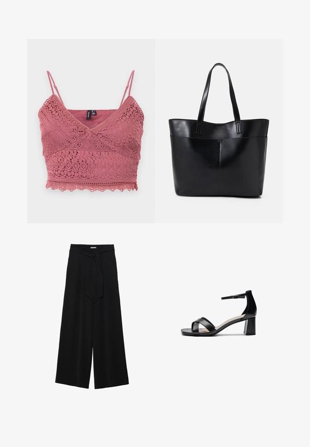 Roze gehaakte bralette met verstelbare spaghettibandjes, een geschulpte zoom en ingewikkelde kantpatronen door de stof heen.; Zwarte wijde broek van textuurstof, met een elastische tailleband en een afneembare sjaalstrik in de taille voor een verstelbare pasvorm.; Zwarte open teen hakken sandalen met gekruiste banden, een verstelbare enkelband en een chunky hak, met een gladde leren textuur.; Zwarte leren tote bag met twee lange handvatten, een zachte textuur en een gestructureerde vorm. Voorzien van een voorvak voor extra opslagruimte.