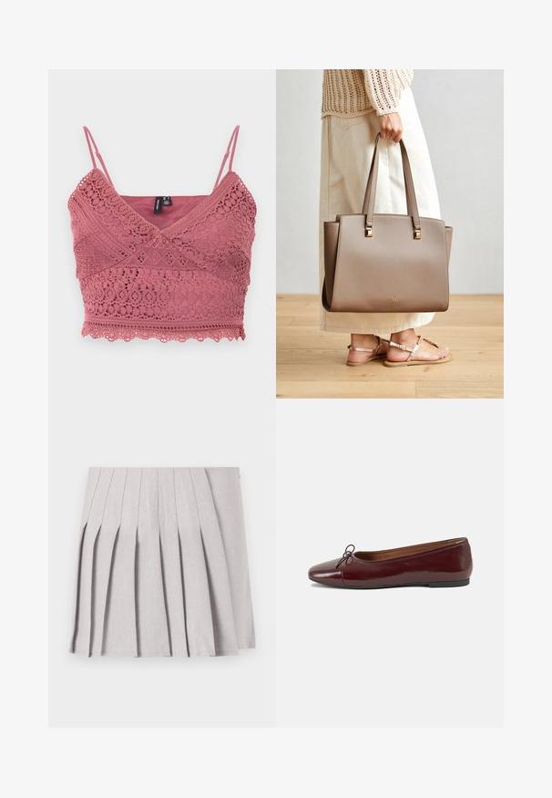 Rausvairožinė nėriniuota braletė su reguliuojamomis špagetėmis, banginiu apvadu ir sudėtingais nėrinių raštais visame audinyje.; Pilka klostuota sijonas su lygiu paviršiumi, su daugeliu vertikalių klosčių ir pritaikytu juosmeniu. Pagamintas iš lengvo audinio.; Bordo lakiotos odos baleto bateliai su apvalia nosimi, maža kaspinėlio akcentu priekyje ir žema juoda guma padanga. Lygi tekstūra.; Ruda sintetinė pirkinių maišeliai su dviem ilgomis rankenomis, kvadratiniais metaliniais akcentais ir subtiliu logotipu. Dėvimas su šviesiai kreminėmis sijonais ir basutėmis.