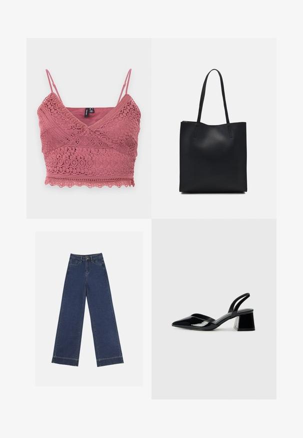 Bralet u ružičastoj boji od čipke s podesivim trakicama, valovitim rubom i složenim uzorcima čipke po cijelom materijalu.; Široke traperice u tamnoplavom denimu. Imaju pet džepova, petlje za pojas i siroki rub na dnu s vidljivim detaljima šavova.; Crne lakirane kožne sandale s otvorenom petom i špicastim vrhom, s geometrijskom blok petom. Imaju elegantan, minimalistički dizajn i glatku teksturu.; Crna kožna torba za nošenje s glatkom teksturom, pravokutnim oblikom i dvije duge ručke. Nema vidljivih metalnih dijelova ili ukrasa.