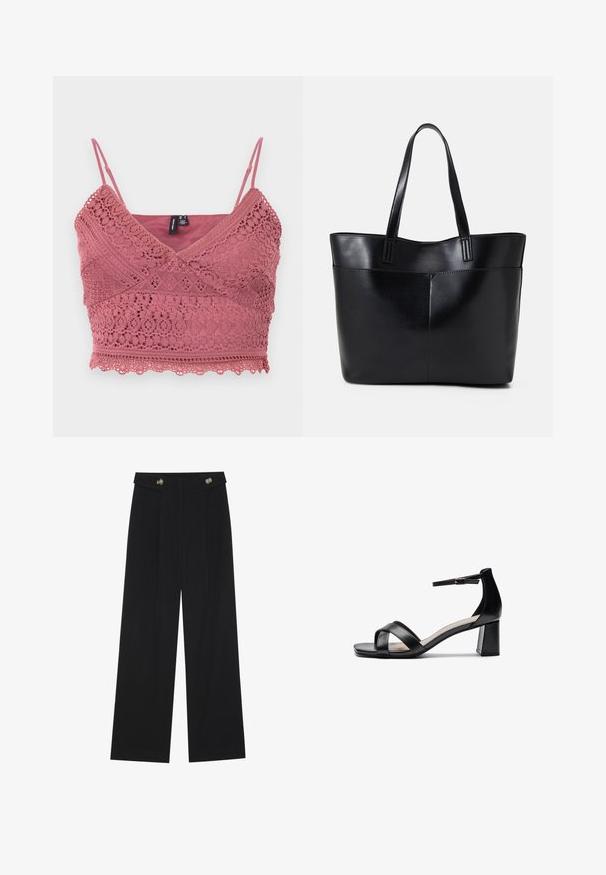 Rose pink crochet bralette featuring adjustable spaghetti straps, scalloped hem, and intricate lace patterns throughout the fabric.; Black wide-leg trousers with high waist, button details on waistband, and front pleats.; Black open-toe heeled sandal with crossed straps, adjustable ankle strap, and a chunky heel, featuring a smooth leather texture.; Black leather tote bag with two long handles, a smooth texture, and a structured shape. Features a front pocket for additional storage.