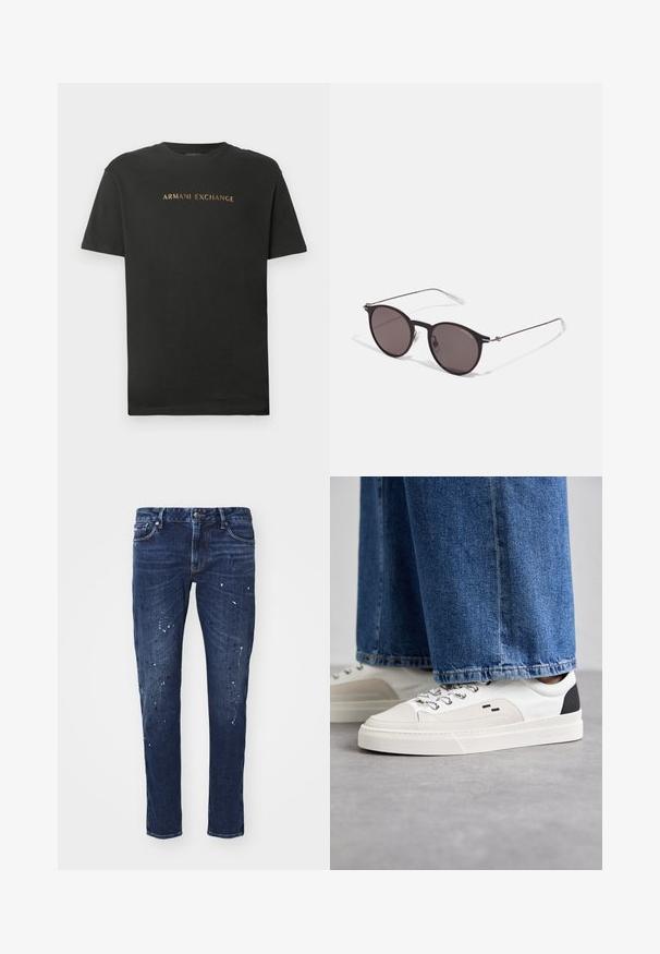Svart kortermet t-skjorte med rund hals og "ARMANI EXCHANGE" trykket med gullbokstaver over brystet.; Mørkeblå denimjeans med smal passform, som har malingsplatter, synlige sømmer og standard fem-lomme design. Rett benkutt.; Hvite og svarte joggesko med en glatt læroverdel, teksturerte detaljer og en kraftig hvit såle. Har en klassisk snøring.; Sorte, runde solbriller med mørke linser og slanke metalarmer. Inkluderer klare temple tips og sølvfargede detaljer ved hengslet. Minimalistisk design.
