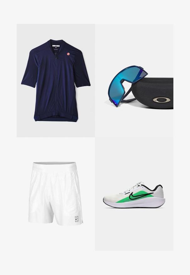 Námornícke cyklistické tričko, krátke rukávy, plný predný zips, textúrovaná tkanina, logo Castelli na ľavej hrudi, zadný lem predĺžený pre lepšie zakrytie.; Biele športové šortky z ľahkej tkaniny s elastickým pásom, obsahujúce dve bočné vrecká a malé čierne logo na leme.; Biela športová obuv s zeleným akcentom, čiernym logom, sieťovaným zvrškom, polstrovanou podrážkou a zaoblenou pätou. Obsahuje šnúrky a kontrastné detaily.; Slnko-odrážajúce slnečné okuliare s modrým nádychom v športovom dizajne, položené na štruktúrovanom čiernom púzdre s metalickým logom.