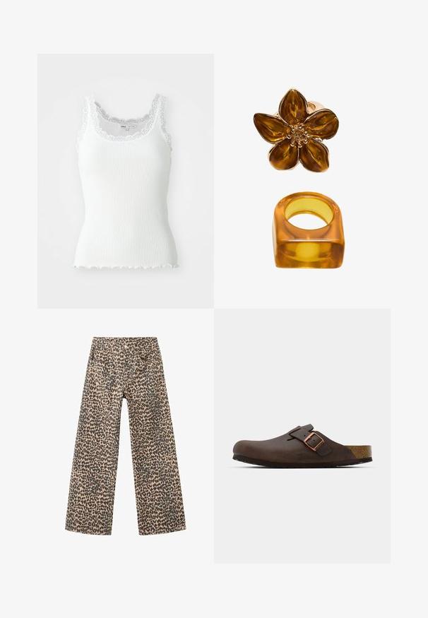White ribbed tank top with lace trim along neckline and armholes; scalloped hem detail; fitted design and lightweight fabric.; Wide-leg pants made of denim in a tan fabric with a black leopard print pattern; features five pockets and front button closure.; Brown leather clog with a wide strap and a copper buckle, featuring a textured cork footbed and a thick black rubber sole.; Amber-colored flower ring featuring a glossy finish with a round center, alongside a matching square-shaped amber band.