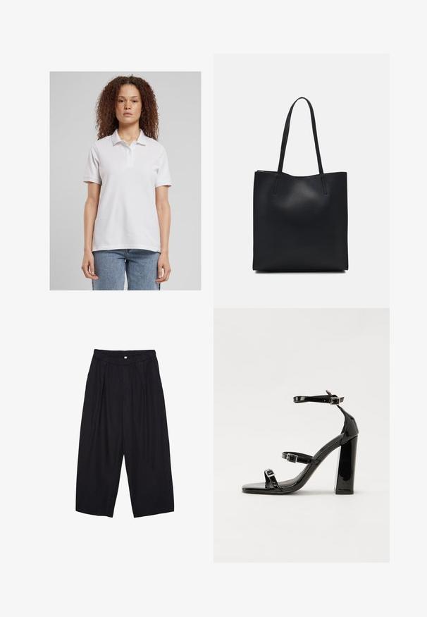 Biała koszulka polo z kołnierzykiem i trzema guzikami, wykonana z gładkiego materiału. Krótkie rękawy, luźny krój, w zestawieniu z jasnoniebieskimi dżinsami.; Czarne spodnie culotte z poliestru z elastycznym pasem, dwoma fałdami z przodu i luźnym krojem. Brak widocznych wzorów lub elementów metalowych.; Czarne lakierowane sandały na obcasie z kwadratowym noskiem, z paskami wokół kostki i srebrnymi klamrami. Posiadają masywny słupek dla stabilności.; Czarna skórzana torba tote o gładkiej fakturze, prostokątnym kształcie i dwóch długich uchwytach. Brak widocznych elementów metalowych i ozdób.