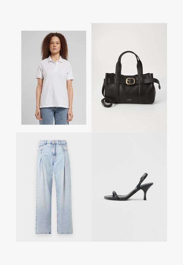 Hvit polo skjorte med krage og tre knapper, laget av glatt stoff. Korte ermer, avslappet passform, kombinert med lyseblå jeans.; Lyseblå denimjeans med høy livlinje, vide ben, to sidelommer og plisserte detaljer. Myk tekstur med en falmet finish.; Sorte skinnhøye hæler med en slank, buet hæl og et kryssrem-design. Justerbar ankelrem. Glatt tekstur.; Svart lærveske med en strukturert design, doble topphåndtak, gullfarget spenneakent og preget merke-logo foran.
