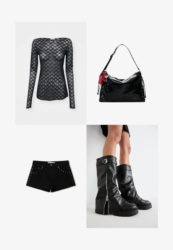 Čierny dlhý rukáv z čipky s vzorom prepletajúcich sa tvarov, s výstrihom do U a mierne priliehavým strihom.; Čierny halter top s hlbokým V-výstrihom, viazané ramienka na krku a zberaním v oblasti pásu, vyrobený z hladkej tkaniny.; Čierne riflové šortky s gombíkovým zapínaním, ktoré majú kovové cvočky na predných vreckách a bočných švoch. Krátka dĺžka a klasický strih.; Čierne kožené vysoké čižmy po kolená s širokým nohavičkou, so bočným zipsom a detailom s prackou, štruktúrovaným povrchom a robustnou gumovou podrážkou.; Čierna kožená kabelka so uvoľneným dizajnom, šnurovaním po stranách a červenou akcentovou visačkou. Obsahuje dlhý nastaviteľný popruh.