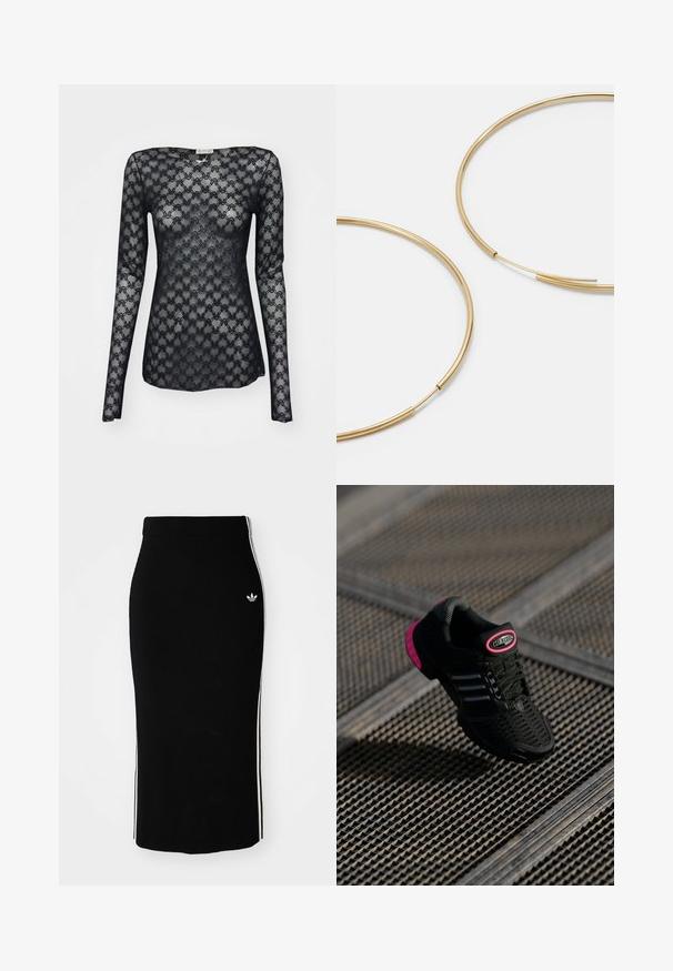 Crna majica dugih rukava od čipke, s geometrijskim uzorkom i širokim dekolteom. Prozirna tekstura s uskim siluetom.; Crna rebrasta midi suknja s prilagođenim dizajnom, koja ima bijele bočne pruge i mali bijeli grb s lijeve strane.; Crne atletske cipele s mrežastim gornjim dijelom, ružičastim detaljima i crnim prugama. Imaju teksturirani potplat i oznaku s logotipom na peti.; Zlatne kružne naušnice, tanke i okrugle, s glatkom metalnom površinom bez ukrasa ili uzoraka.