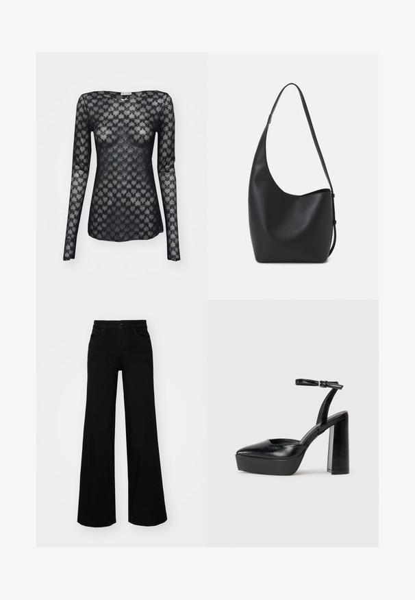 Juodas ilgos rankovės marškiniai iš nėrinių, su geometriniu raštu ir plačiu kaklu. Permatomas audinys su prigludusia siluetu.; Juodos plačios kelnės iš denimo, turinčios struktūruotą juosmenį, diržo kilpas ir priekines kišenes. Lygus paviršius su klasikinio dizaino elementais.; Juodi platforminiai aukšti kulniukai su smailiu kojų pirštu ir reguliuojamu kulkšnies dirželiu. Pagaminti iš lygaus odos, turi masyvų blokinį kulną.; Juodas odinis hobo maišas su lygiu paviršiumi, kreipta forma ir viena reguliuojama rankena; turi platų atidarymą viršuje.