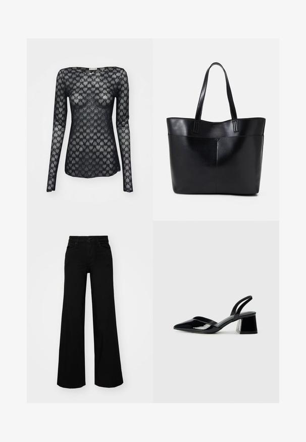 Black long-sleeve shirt made of lace, featuring a geometric pattern and a boat neckline. Sheer texture with a fitted silhouette.; Black wide-leg pants made of denim, featuring a structured waistband, belt loops, and front pockets. Smooth texture with a classic design.; Black patent leather slingback heels with a pointed toe and a geometric block heel. Features a sleek, minimal design and smooth texture.; Black leather tote bag with two long handles, a smooth texture, and a structured shape. Features a front pocket for additional storage.