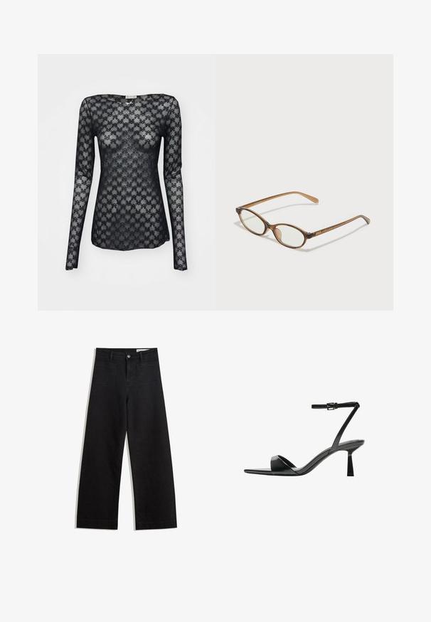Schwarzes Langarmshirt aus Spitze mit geometrischem Muster und Boot-Ausschnitt. Durchscheinende Textur mit enger Passform.; Schwarze weit geschnittene Jeans mit hoher Taille, ausgestattet mit Vorder- und Hintertaschen, gesteppten Nähten und einem Knopfverschluss. Glatte Textur.; Bershka High Heel Sandalette - black; Braune Schildpatt-Brille mit ovalen Gläsern, dünnen Bügeln und transparenten Akzenten. Verfügt über ein dezentes Logo am Bügel. Elegantes, leichtes Design.