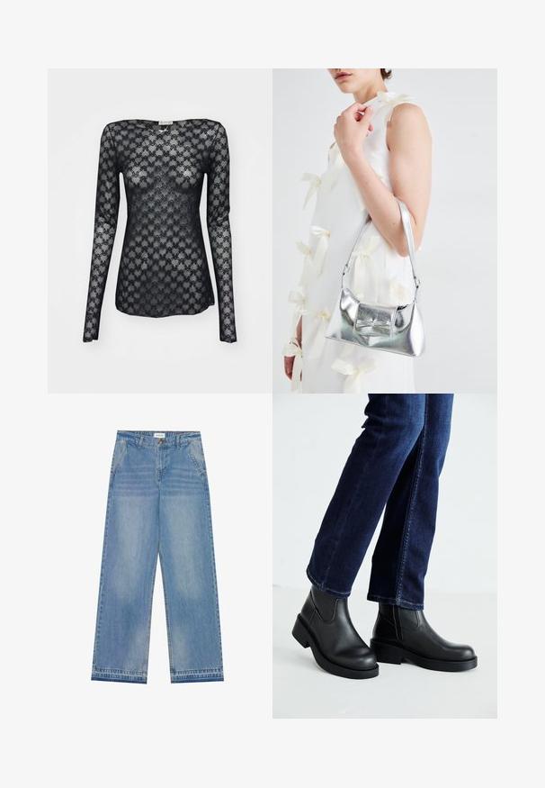 Schwarzes Langarmshirt aus Spitze mit geometrischem Muster und Boot-Ausschnitt. Durchscheinende Textur mit enger Passform.; Helle blaue hochgeschnittene Schlagjeans mit Knopfverschluss, Fronttaschen, Gürtelschlaufen und subtilen Ausbleichungen.; Schwarze Lederstiefeletten mit einer dicken Sohle und seitlichen Elastikeinsätzen, kombiniert mit dunkelblauen Jeans. Der Boden ist hellfarbig.; Silberne metallische Handtasche mit strukturierter Form, ausgestattet mit einem oberen Griff und einer Schleifenapplikation auf der Vorderseite. Glatte Textur, reflektierendes Finish.