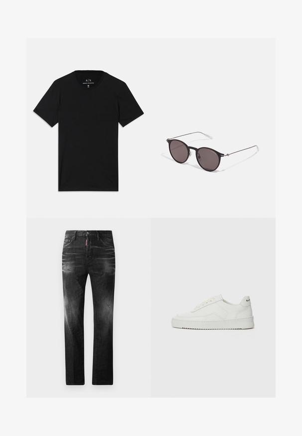 Tricou negru din bumbac, cu mâneci scurte, guler rotund și un etichetă cu logo-ul brandului pe gulerul interior.; Jeans din denim negru cu o croială dreaptă. Au zone decolorate, ușoare uzuri, design clasic cu cinci buzunare și închidere cu buton.; Sneakers din piele albă cu un finisaj neted, vârf rotund, șireturi plate și o talpă texturată. Prezintă un logo subtil pe călcâi.; Ochelari de soare negri rotunzi cu lentile întunecate și brațe metalice subțiri. Include vârfuri transparente pentru brate și accente argintii la balama. Design minimalist.