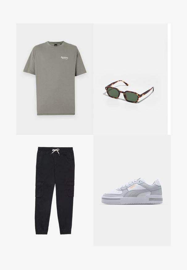 Majica od maslinaste pamučne tkanine s kratkim rukavima, okruglim izrezom i bijelim natpisom "Harmonija Ravnoteža u Prirodi" na lijevoj strani prsnog koša.; Crne cargo hlače od pamuka, s elastičnom sredinom struka i vezicom, bočnim džepovima i suženim rubovima.; Sive i bijeli tenisice s glatkom kožom na gornjem dijelu, perforiranim vrhom, vezanjem, teksturiranim detaljima i suptilnim zlatnim logom.; Tortoiseshell sunčane naočale s zelenim lećama, sa osmerokutnim oblikom i tankim, zakrivljenim drškama. Materijal ima sjajnu završnu obradu.