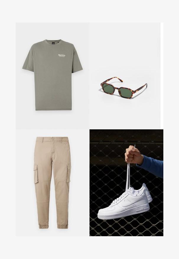 Olive green cotton t-shirt with short sleeves, crew neckline, and white text reading "Harmony Balance in Nature" on the left chest.; Beige cargo pants in a lightweight cotton material. Features elastic cuffs, multiple side pockets, and a button closure.; White leather sneakers with perforations, round toe, flat sole, and thick laces, featuring a visible swoosh logo and "AIR" on the heel.; Tortoiseshell sunglasses with green lenses, featuring an octagonal shape and slim, curved arms. Material has a glossy finish.