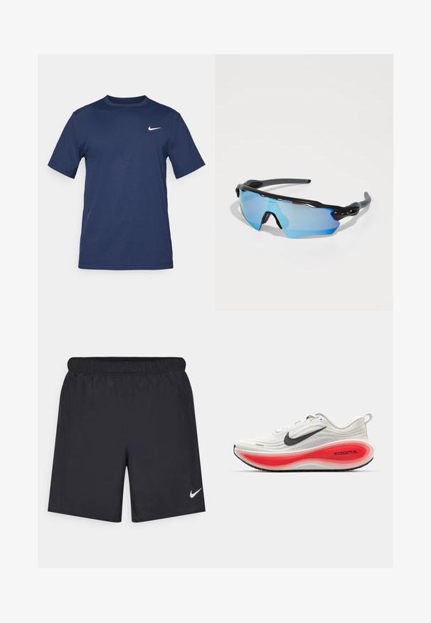 Námořnická modrá tričko Nike vyrobené z měkké tkaniny, s krátkými rukávy, kulatým výstřihem a malým bílým logem na horní části levého prsu.; Černé sportovní šortky vyrobené z lehkého materiálu s elastickým pasem. Na spodní levé straně mají malé bílé logo Nike.; Běžecké boty Nike s bílým pleteným svrškem, černým swooshem a silnou červenou a bílou polstrovanou podrážkou označenou "ZOOMX." Černá podešev pro trakci.; Sportovní sluneční brýle s černým rámem, velkými modře tónovanými skly a pevnou konstrukcí. Nabízí vylepšené zakřivené pokrytí.