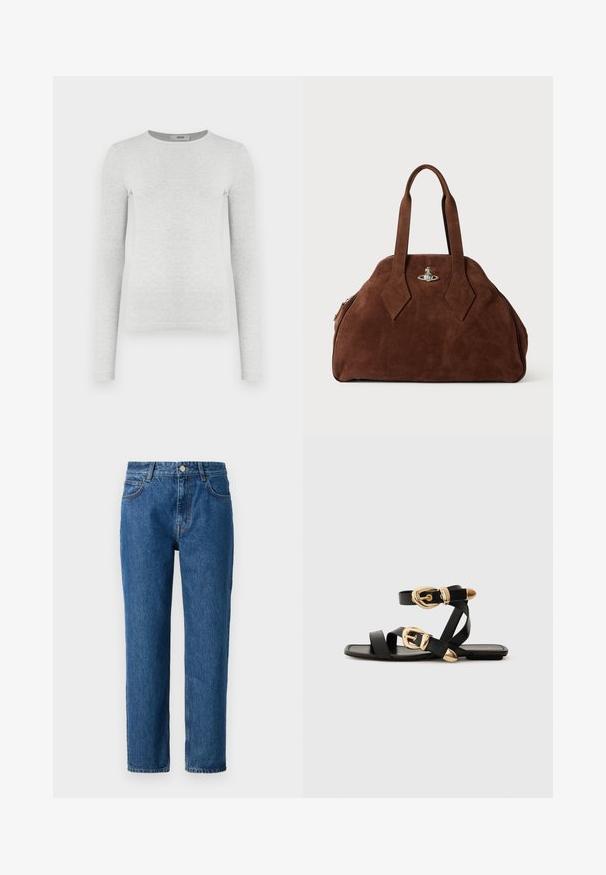 Ilgas rankoves pilkos juostos mezgimo marškinėliai, apykaklė suapvalinta, prigludusi siluetas, lygus tekstūra, be matomų logotipų ar puošmenų.; Mėlyni džinsai su tiesiomis kojomis, turintys mygtuką užsegimui, diržo kilpas ir priekinius kišenius. Pagaminti iš tekstūruoto medvilnės audinio.; Juodos odinės šlepetės su auksiniais sagtelėmis, turinčios daugybę dirželių ir plokščią padą, skirtos atviriems pirštams.; Ruda zomšo rankinė su struktūrine forma, apvaliu kūnu ir pailgom rombo formos rankenom. Yra sidabro spalvos uždarymo mechanizmas.