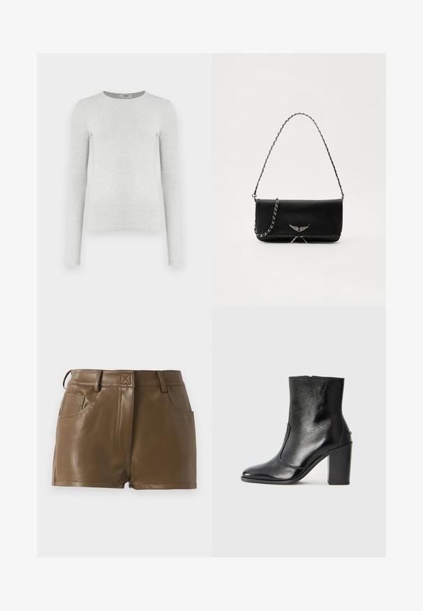 Pikad varrukad hall ribakudumine topp, ümmargune kaelus, lähedalt salendav siluett, sile tekstuur, ilma nähtavate logode või kaunistusteta.; Pruun kunstnahast lühikesed püksid, millel on vormiv disain, vöökohaga, millel on vööaugud, ees olevad taskud ja nähtavad õmbluste detailid.; Must kõvale nahast pahklipsu saapad, millel on sile tekstuur, terav varvas ja paks kõrge kann. Omab külgavatust ja minimalistlikku disaini.; Mustvalge nahk käekott hõbedase ahelsanga ja dekoratiivsete tiivaaktsentidega, samuti valgete õmblustega alumises ühenduses.