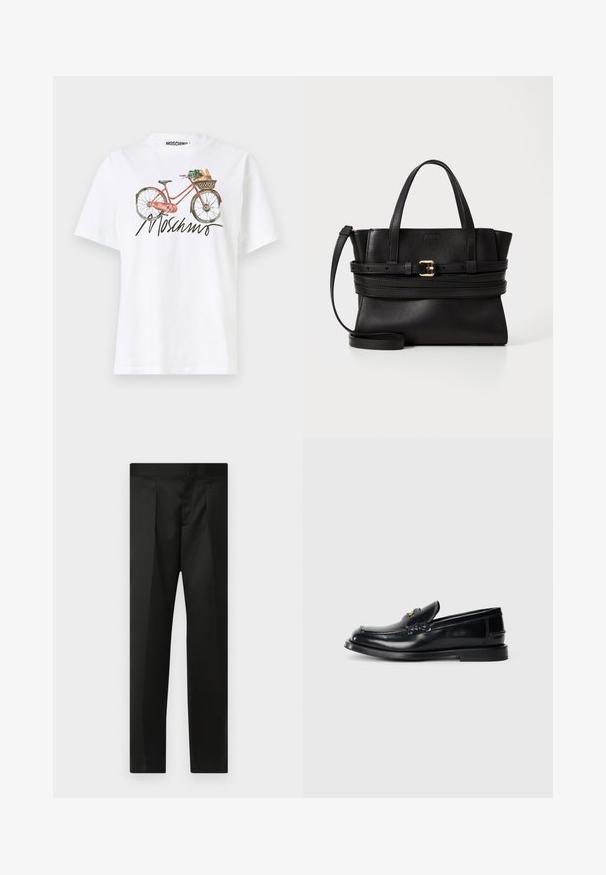 MOSCHINO FLOWERS AND BIKES - Print T-shirt - fantasia bianco; Black trousers featuring a smooth fabric, tailored design, straight legs, and a flat waistband with no visible closures or pockets.; Black leather loafer featuring a stitched design, a small front flap, and a flat rubber sole. Smooth texture with gold-tone hardware accent.; Black leather handbag with structured design, dual top handles, detachable strap, and gold buckle accent on a horizontal band.