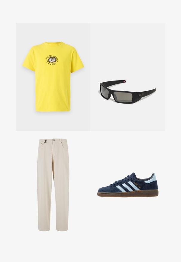 Gul t-skjorte i bomull med en svart grafikk av et øye med virvlende linjer over og under. Korte ermer og design med rund hals.; Beige bomullsbukser med rett ben-design, med frontlommer og knappelukking. Glatt tekstur med minimal detaljering.; Mørkeblå semsket Adidas-sneakers med lyseblå striper, gummisåle, lyseblå hælklaff og gull "Spezial"-merke på siden.; Sorte solbriller med mat finish, rektangulære linser, lett kurv på brillestengene, diskret logo detaljer, og røyktinted linser.