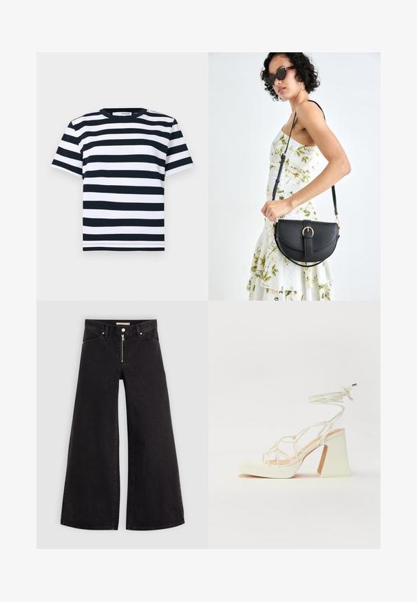 T-shirt às riscas em preto e branco, com mangas curtas, decote redondo e bainha reta. Feito de um material de algodão macio e respirável.; Calças de ganga de perna larga em denim preto com fecho éclair à frente, design de cinco bolsos e detalhes de costura subtil. Textura suave e estilo casual.; Sandálias brancas de salto alto com um salto robusto, apresentando um design com tiras e amarração no tornozelo. Textura suave com uma plataforma na frente para altura adicional.; Bolsa de couro preta com forma curva, alça destacável e detalhes em dourado. A bolsa possui uma aba com detalhe de fivela.
