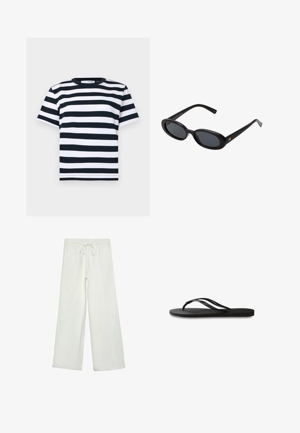 Črtasta majica s kratkimi rokavi v črni in beli barvi, s krožnim ovratnikom in ravnim robom. Narejena iz mehke, zračne bombažne tkanine.; Bele široke hlače iz mehkega blaga. Imajo elastičen pas s vrvico in gladko teksturo. Brez vidnih vzorcev ali kovinskih delov.; Črne natikače z teksturirano gumijasto podlogo, dvema ozkima trakoma in subtilnim, vtisnjenim logom na traku.; Črne oversize sončne očala z ovalnimi lečami, gladkim plastičnim okvirjem in zlatenimi detajli na templjih. Temne leče zagotavljajo zaščito pred soncem.